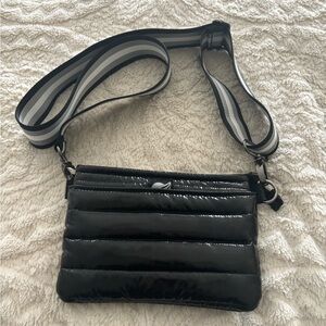 THINK ROYLN Shiny Black Quilted Bag with Striped 2 Straps